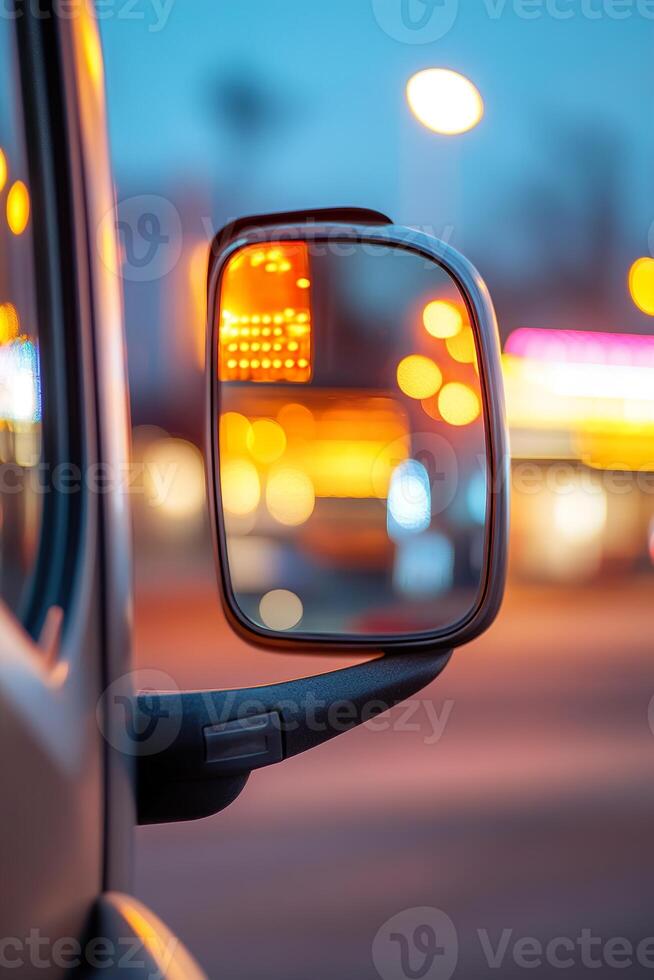 A semi-truck rests at a quiet nighttime truck stop. The truck's side mirror reflects the neon lights of a nearby roadside diner, creating a peaceful, transient atmosphere photo
