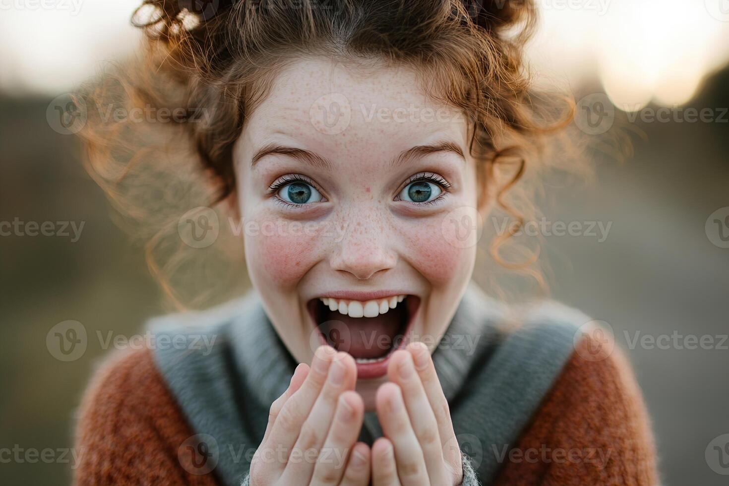A girl with red hair expresses delight. She has her hands clasped together and her eyes are wide open. The warm outdoor lighting adds to her playful expression photo