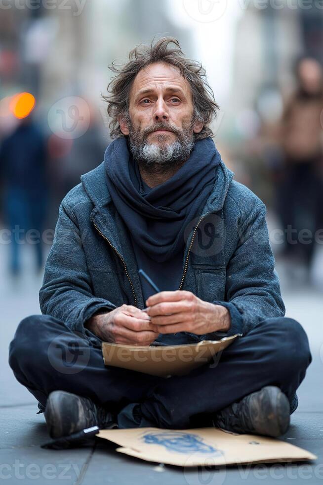 A homeless man sits cross-legged, engrossed in drawing a detailed portrait on cardboard. Pedestrians pass him by in a soft blur, highlighting his focused artistic activity on the sidewalk photo