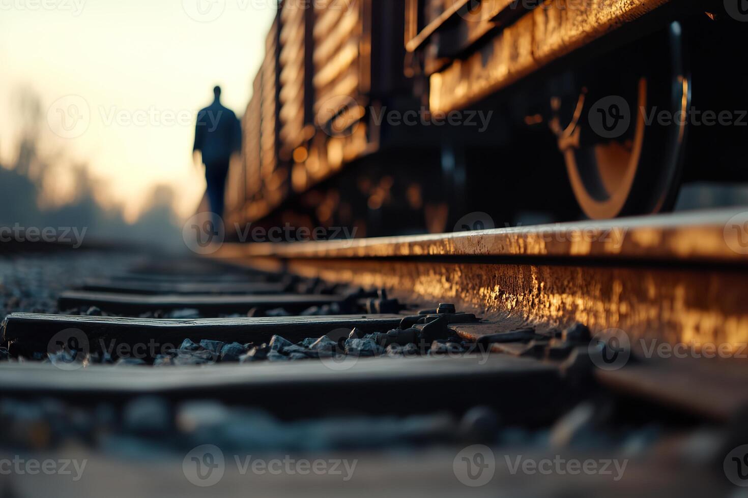 Rusty freight cars are lined up in a tranquil railway yard as the sun rises. A lone worker walks towards an old train engine, merging with the warm light and nostalgic atmosphere photo