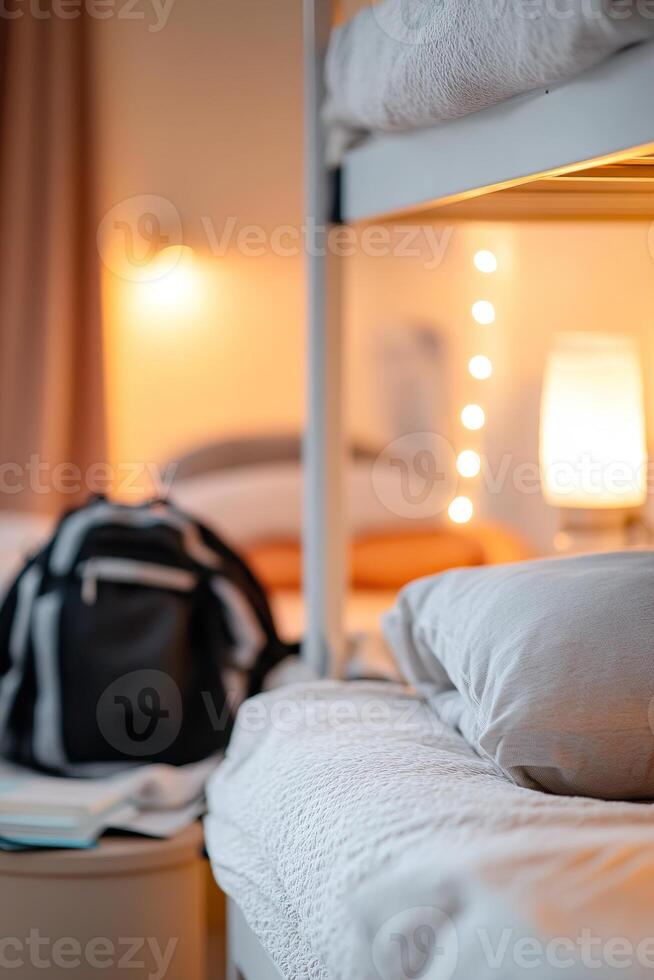 Soft-focus warm lighting creates a cozy atmosphere in a shared hostel dormitory filled with multiple bunk beds, travel gear, and backpacks scattered around, perfect for budget travelers photo