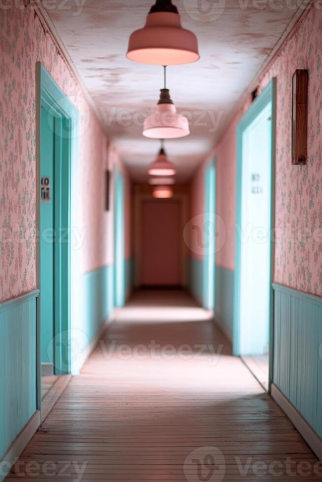 Dimly lit corridor of an old hostel features scuffed wooden floors and peeling wallpaper, creating an unsettling atmosphere as it stretches towards an unknown destination photo