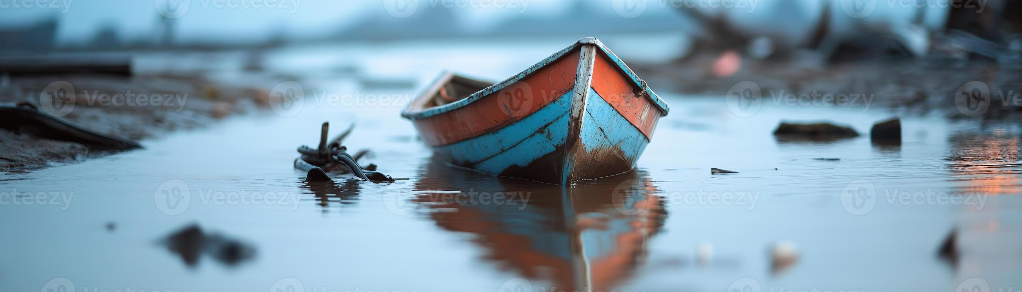 A small fishing boat lies overturned in deep floodwaters, surrounded by wreckage from the tsunami. The scene conveys haunting devastation and a profound sense of loss in the aftermath photo