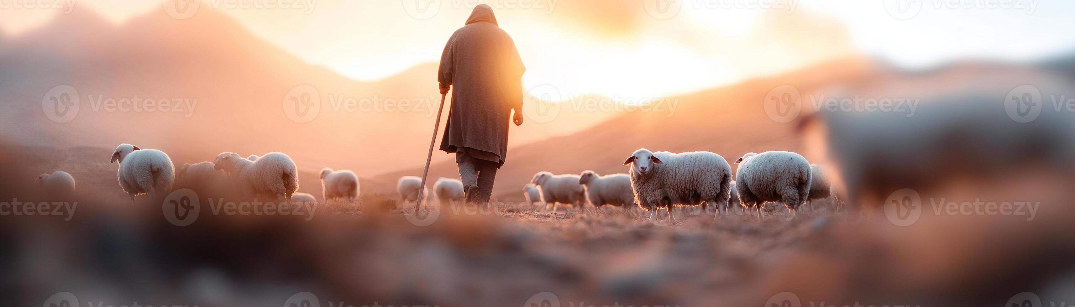 A shepherd walks through a misty valley at sunrise, holding a wooden staff while sheep graze nearby in the soft golden light, creating a serene and biblical atmosphere photo