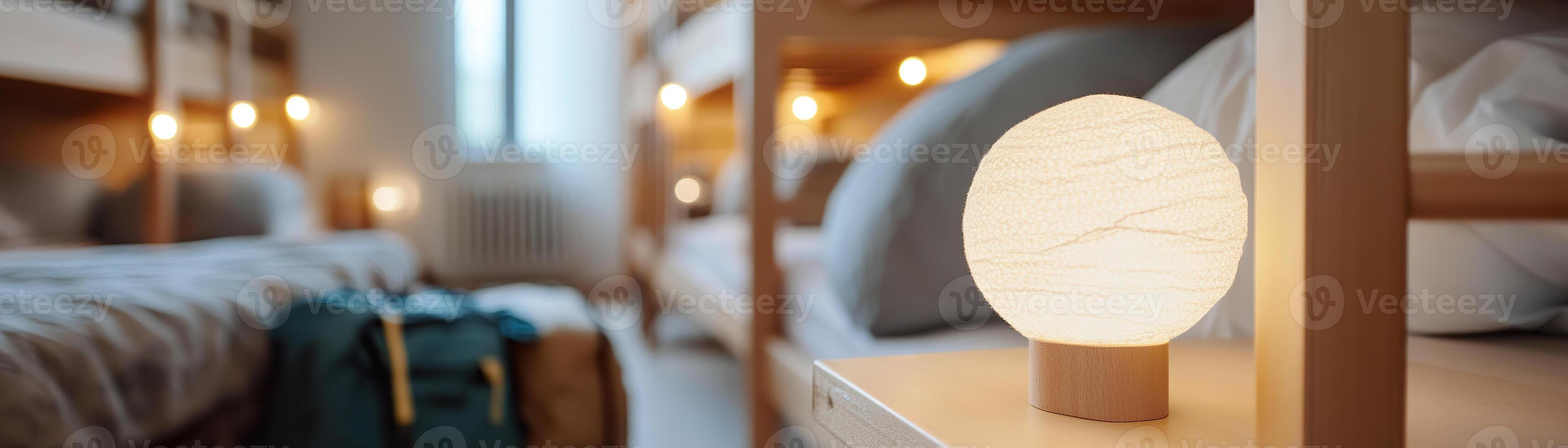 Soft lighting from a bedside lamp illuminates a shared hostel dormitory featuring multiple bunk beds and scattered travel gear, creating a cozy and inviting environment for travelers photo