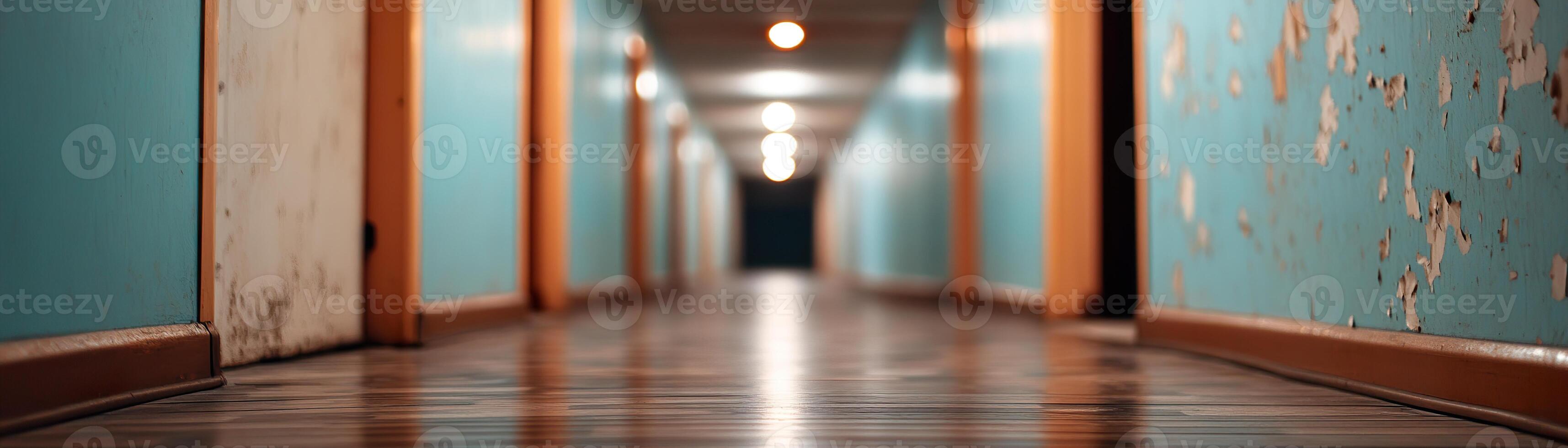 Long, narrow hostel hallway features scuffed wooden floors and faded wallpaper. Dim lights flicker, creating an eerie atmosphere. Worn doors align on both sides, hinting at forgotten stories photo
