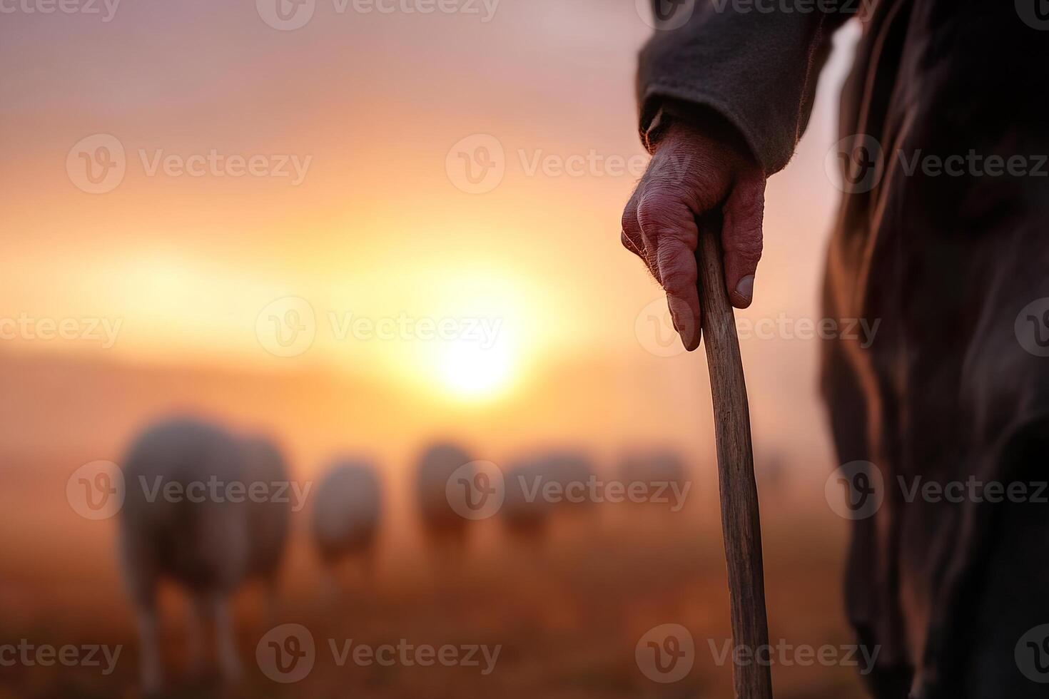 A shepherd walks through a misty valley at sunrise, holding a wooden staff. Soft-focus sheep graze in the background, illuminated by rich golden light, evoking a biblical mood photo