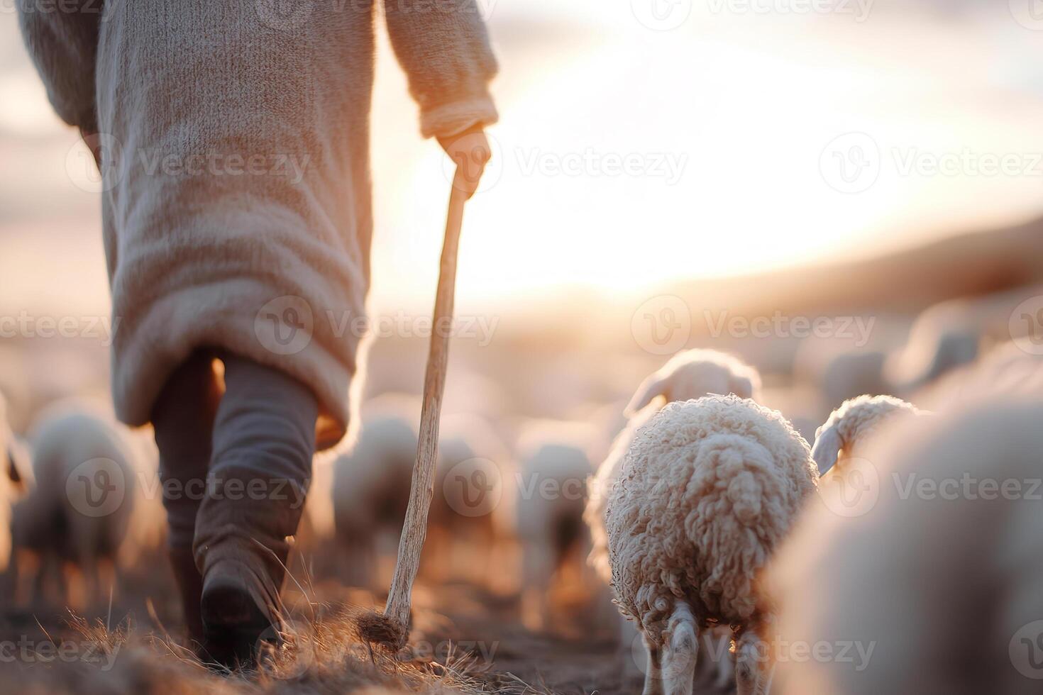 In a tranquil valley at sunrise, a shepherd strides with a wooden staff, leading a gentle flock of sheep. The soft light bathes the scene in a warm, golden glow, enhancing the serene atmosphere photo