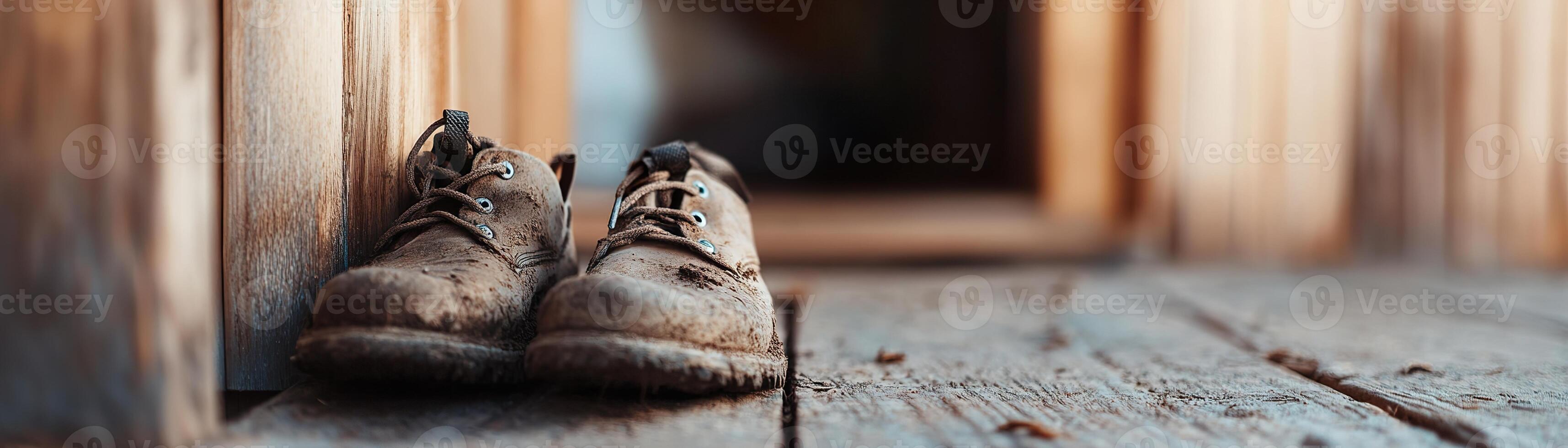 A pair of old muddy hiking shoes are placed just outside a wooden hostel door, hinting at an adventurer's arrival. Warm light glows softly from within, creating a cozy atmosphere photo