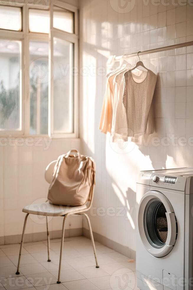 In a small hostel laundry area, clothes dry on a line while a washing machine hums softly in the corner. A traveler's backpack rests casually on a plastic chair, illuminated by warm sunlight photo