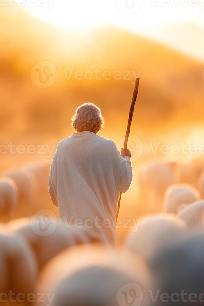 A shepherd with a wooden staff strides through a misty valley at sunrise, softly illuminated by golden light, while sheep graze peacefully in the background photo
