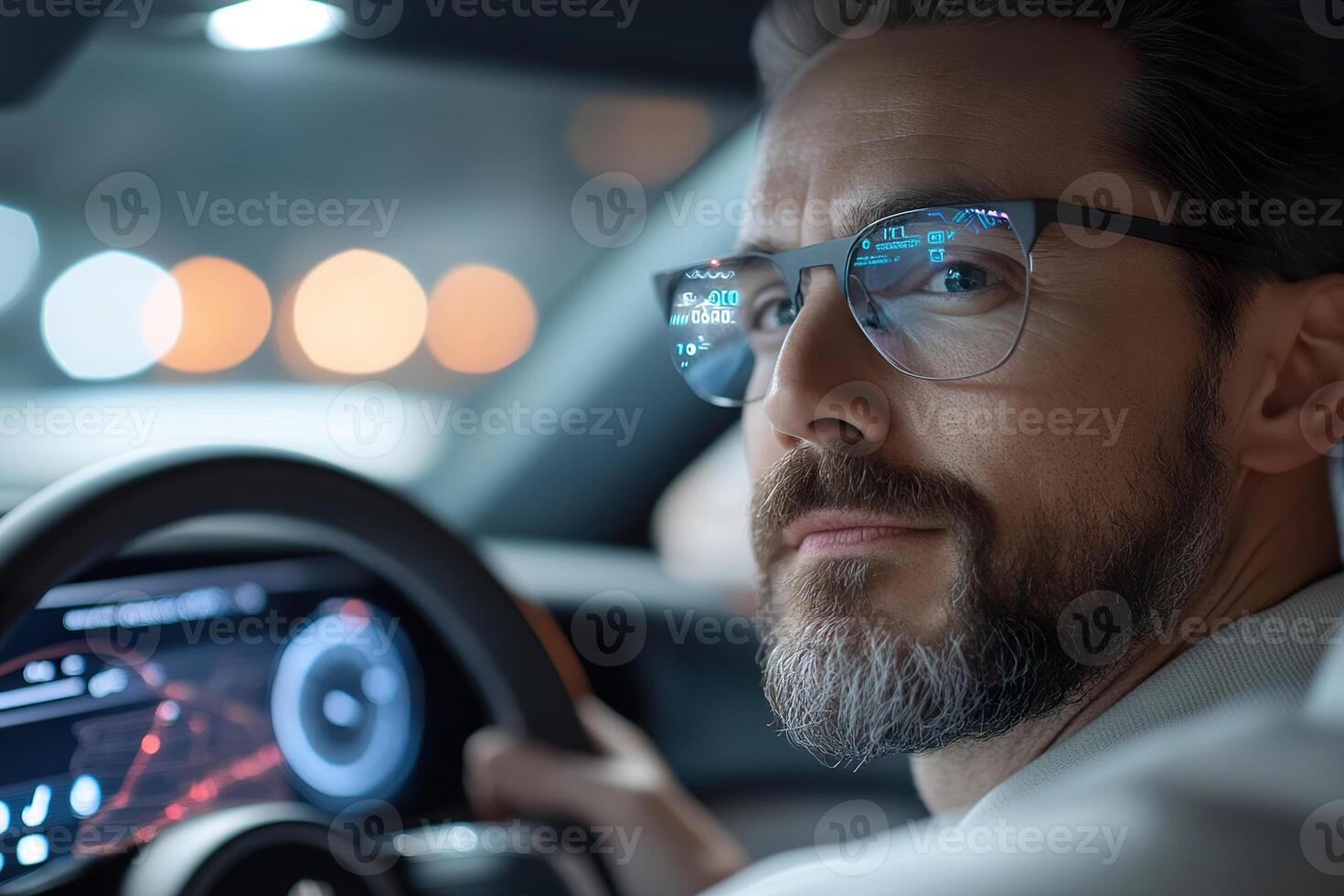 A stylish man sits in a luxury car, absorbed by the futuristic dashboard display. The city lights create a soft glow in the background, enhancing the high-end automotive experience photo