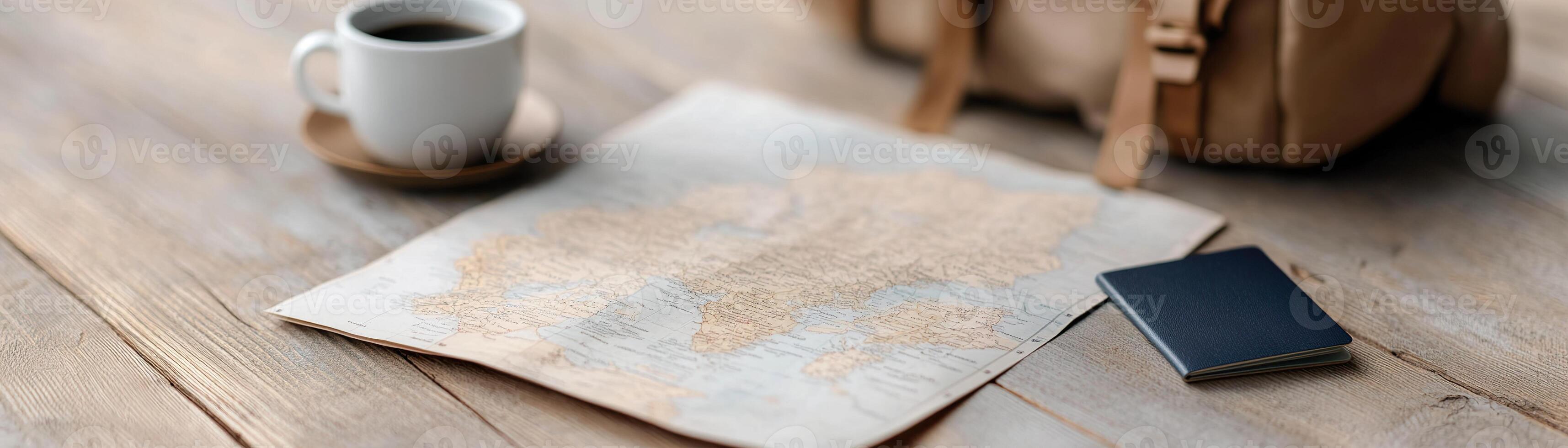 A vintage travel map lies on a wooden table, accompanied by a well-used backpack, a passport, a pocket journal, and a steaming cup of coffee under soft sunlight photo