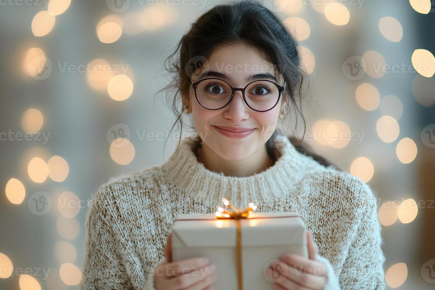 A woman with wide eyes and a joyful expression holds a neatly wrapped gift box, dressed in a cozy knitted sweater photo
