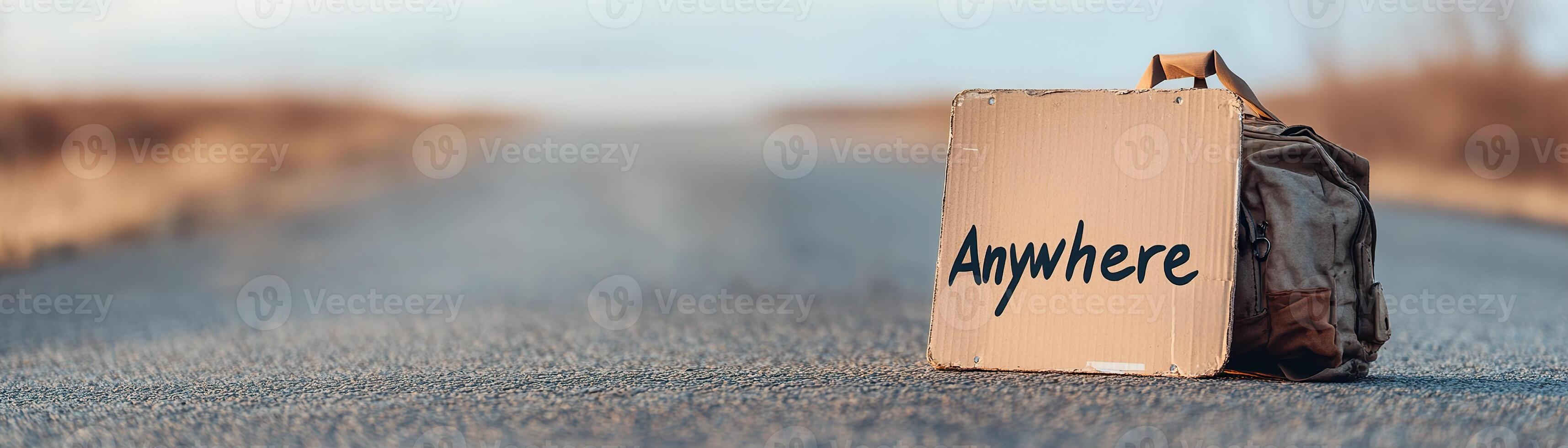 A worn cardboard sign labeled Anywhere leans next to a tattered backpack on a deserted rural road. The golden-hour light creates a nostalgic atmosphere, inviting adventure and exploration photo