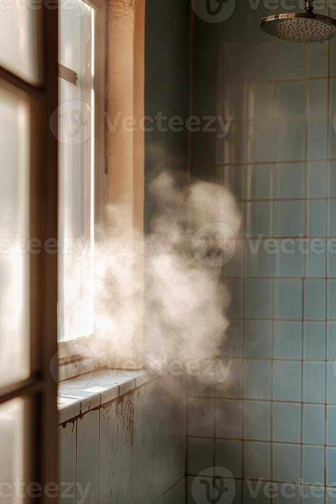 A tiny bathroom in a hostel reveals cracked tiles and a foggy mirror. Soft steam fills the air, creating a moody atmosphere that captures the essence of real-life travel experiences photo