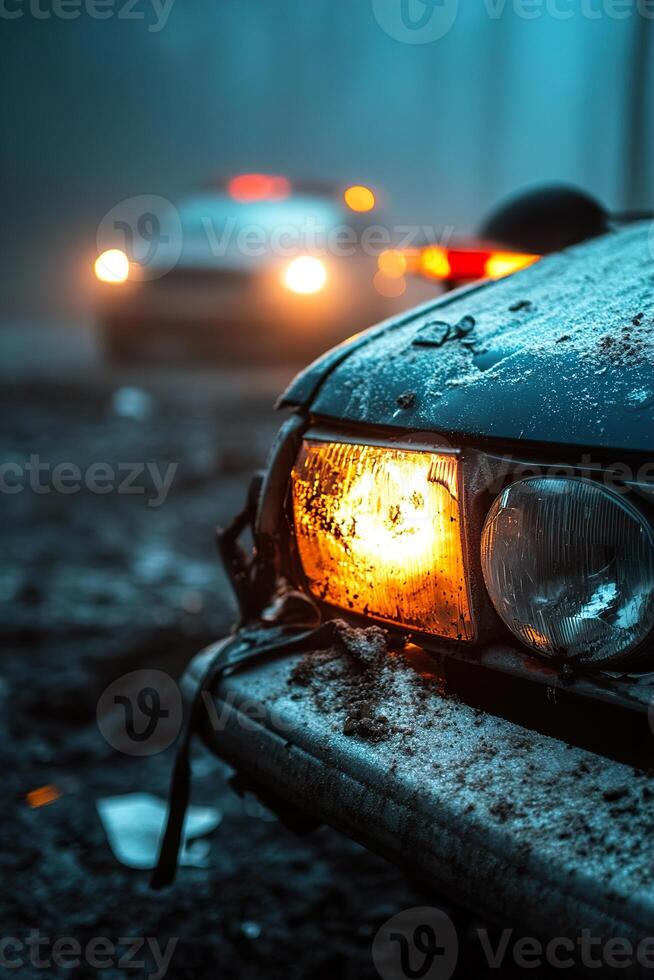 A wrecked car sits in the dark, its lone headlight flickering. In the distance, emergency lights approach through the fog, enhancing the dramatic atmosphere of the scene photo
