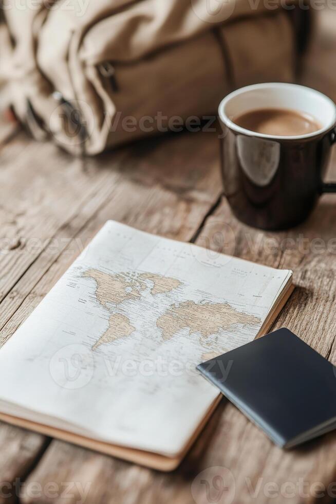 A vintage travel map unfolds across a rustic wooden table, accompanied by a well-used backpack, a passport, a travel journal, and a steaming cup of black coffee in soft golden sunlight photo