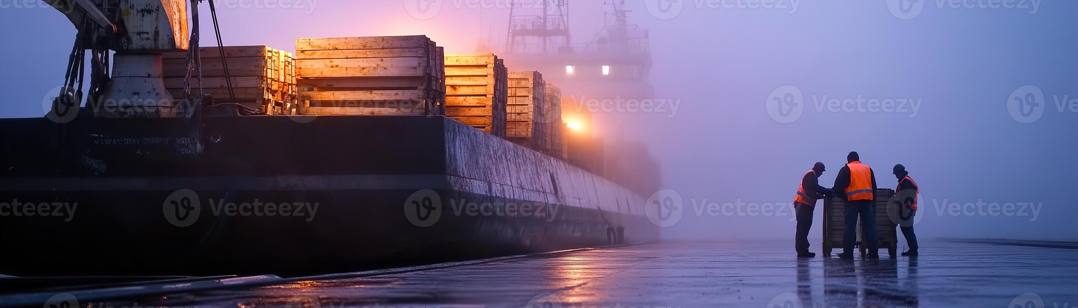 Silhouetted workers diligently lift and stack wooden crates onto a large cargo ship. The fog from the sea envelops the dock, creating a mysterious, cinematic ambiance enhanced by industrial lights photo