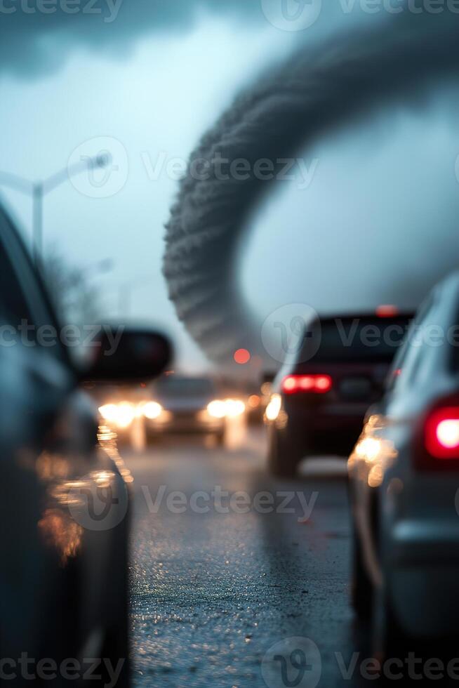 Families are seen fleeing in their cars amid a traffic jam on the highway, while a massive tornado looms ominously in the distance, signaling danger and urgency photo