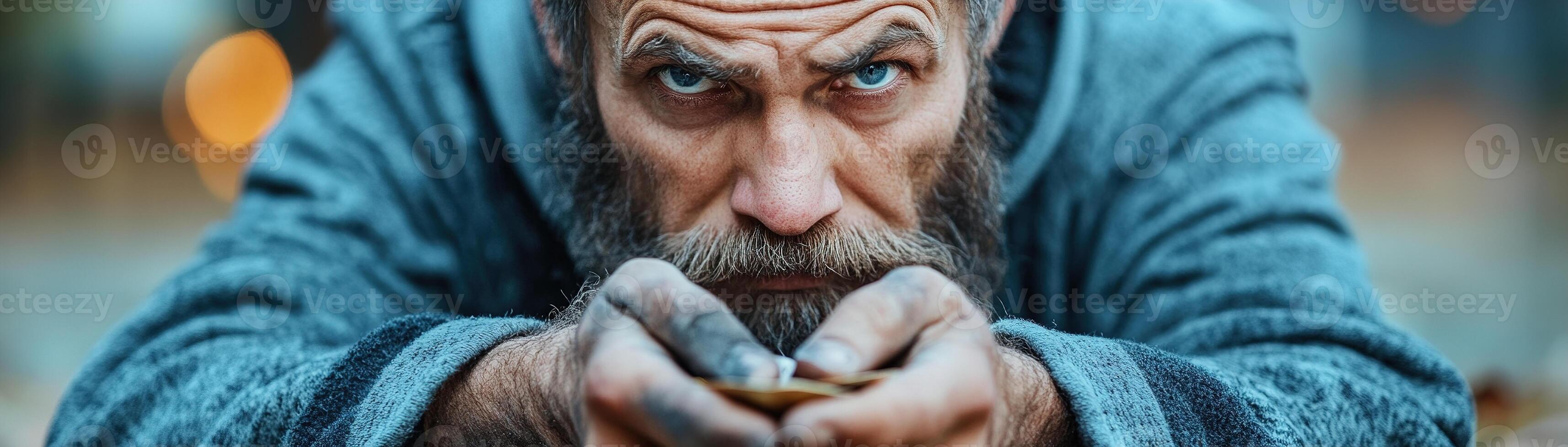 A homeless man with a scruffy beard focuses intently on sketching on cardboard. His charcoal-covered hands show his dedication as he navigates survival through art in a bustling city photo