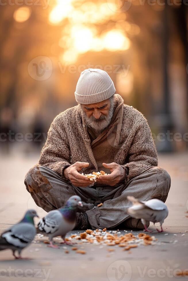 A homeless man sits cross-legged on a park sidewalk, scattering breadcrumbs for nearby pigeons. His warm interaction is framed by a glowing sunset in the background photo