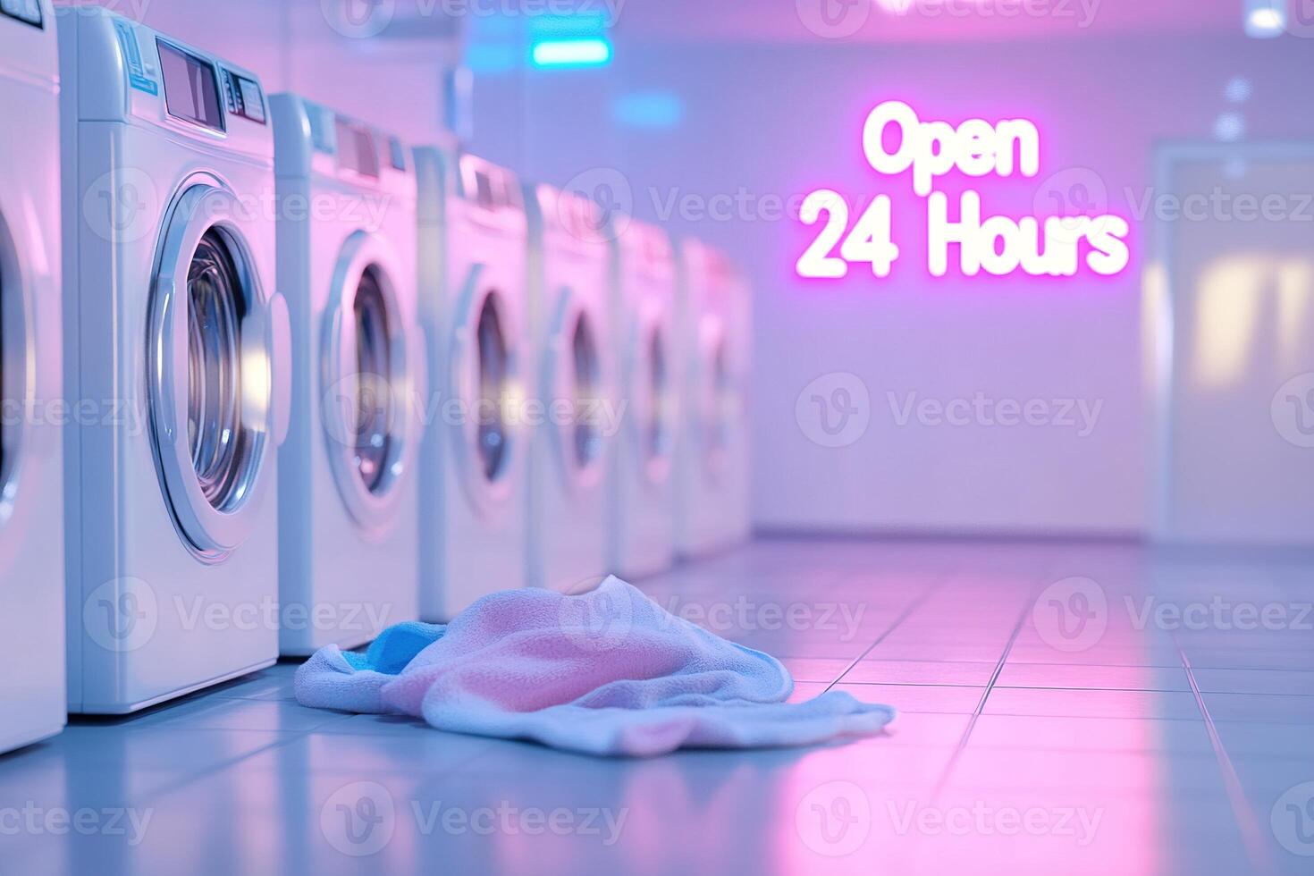 Dimly lit laundromat features a neon Open 24 Hours sign illuminating rows of washing machines, creating a warm atmosphere. A single sock lies forgotten on the floor, adding to the nostalgic vibe photo