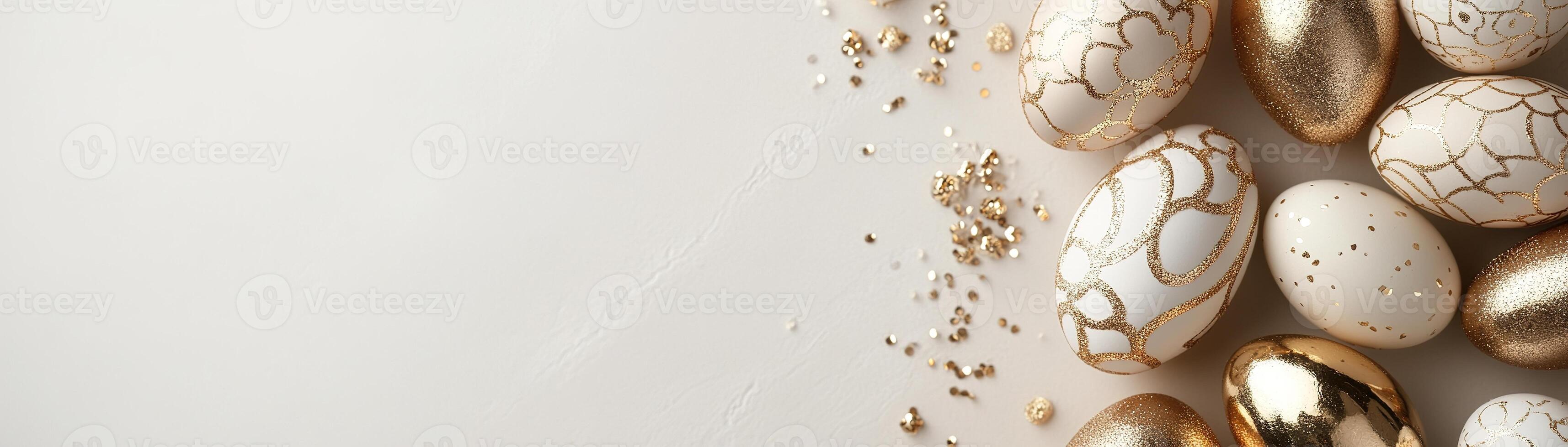 A stunning arrangement of gold-foil Easter eggs with detailed filigree patterns surrounds a smooth, neutral backdrop, perfect for elegant holiday celebrations and text placement photo