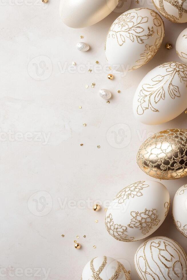 Luxurious gold-foil Easter eggs with ornate filigree designs frame a neutral background, exuding elegance. Sparkling accents enhance the high-end holiday aesthetic, leaving room for custom text photo