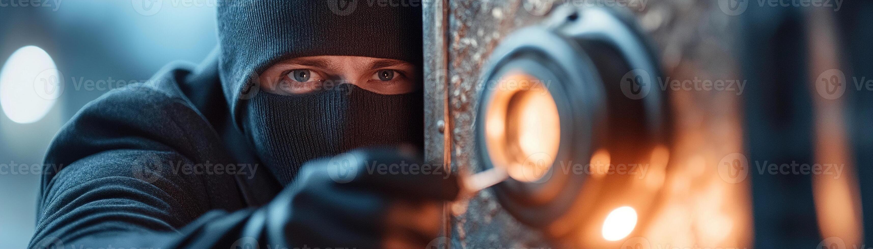 A masked thief in a dark suit crouches in a vintage setting, meticulously working the lockpick on an old-fashioned safe. Soft lantern light highlights the suspenseful atmosphere photo