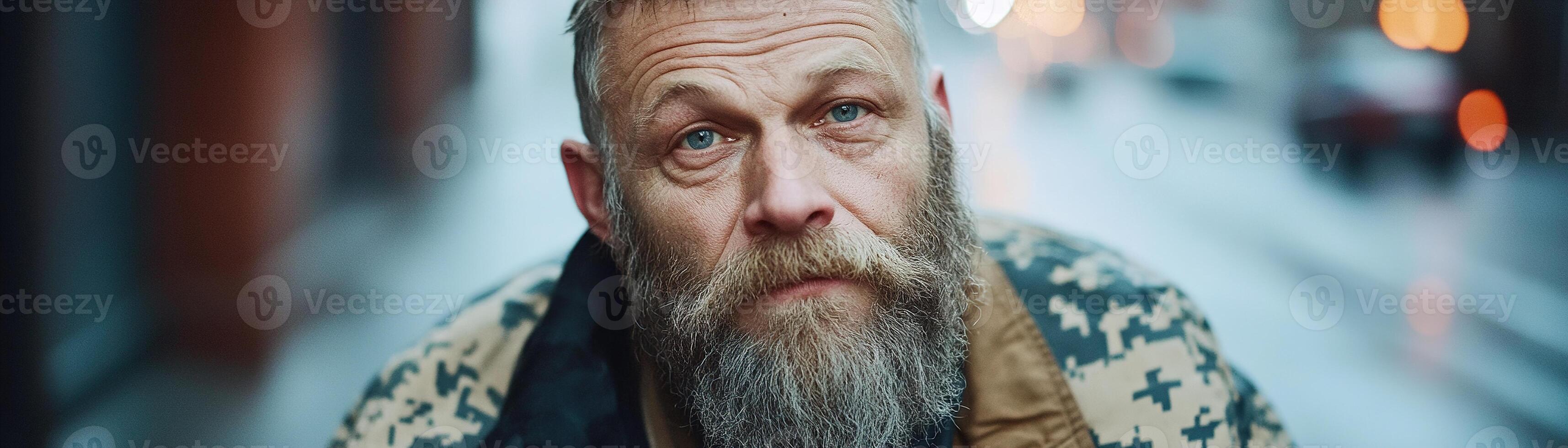A rugged man, weathered and bearded, sits in an urban alley. His faded military jacket and intense gaze hint at years of hardship amid faint reflections from neon lights on the wet pavement photo