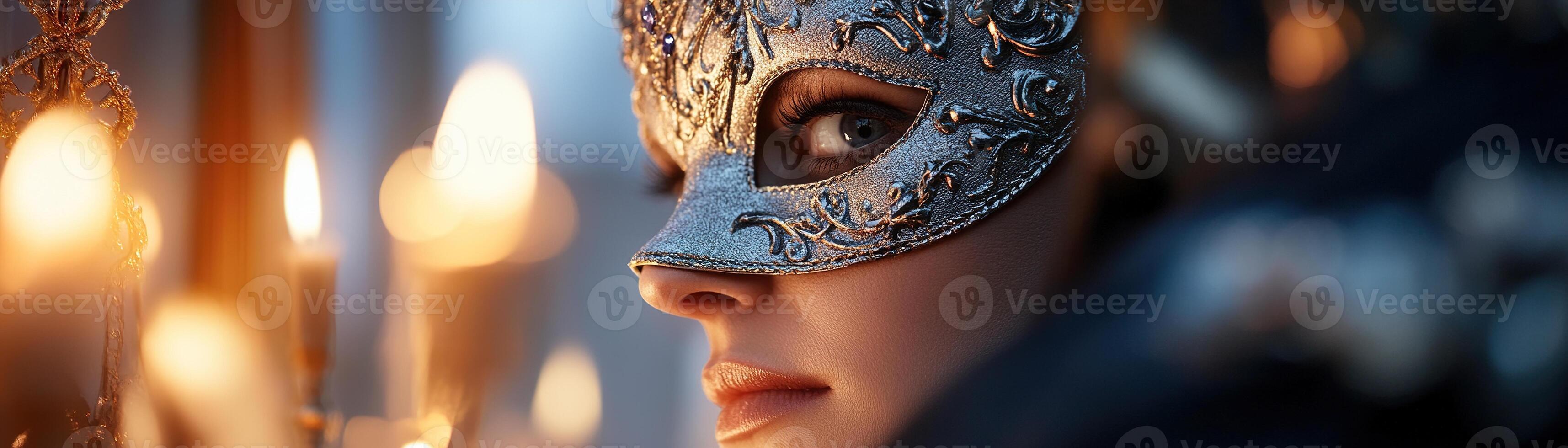 A shadowy figure in a detailed Venetian mask and black cloak slips through a window, jewel in hand, amidst the soft glow of candlelight and opulent decor of a masked ball photo