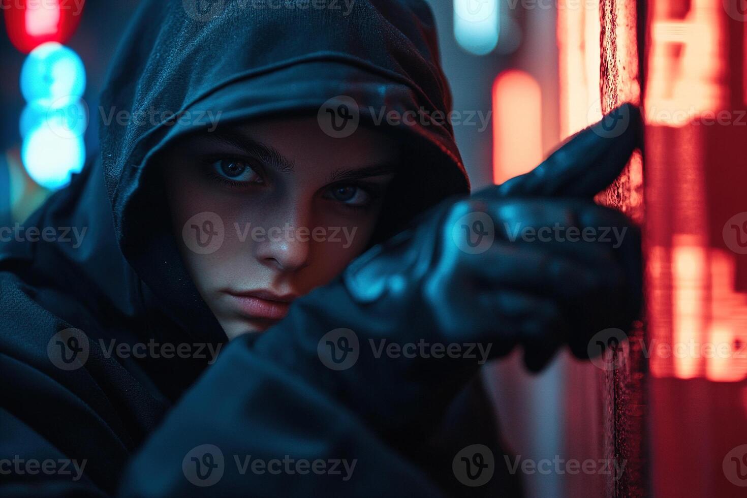 In a narrow, dimly lit alley, a shadowy figure in a black hoodie and gloves cautiously observes their surroundings, eyes glinting with tension against wet pavement and distant city lights photo