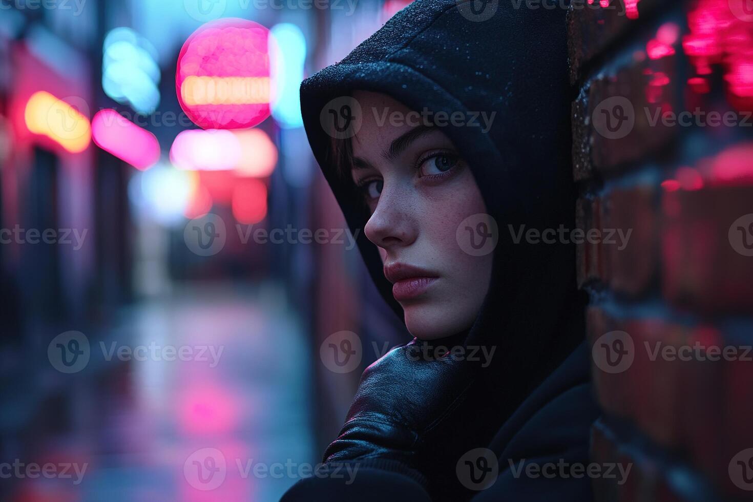 A shadowy figure in a black hoodie and gloves stands in a narrow alley, partially concealed and observing the surroundings. Distant city lights illuminate the wet pavement photo