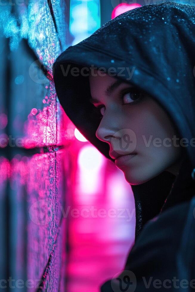 A shadowy figure wearing a black hoodie and gloves stands in a dimly lit alley. Cautious eyes glint from the darkness, reflecting neon signs and wet pavement. The atmosphere feels moody and cinematic photo