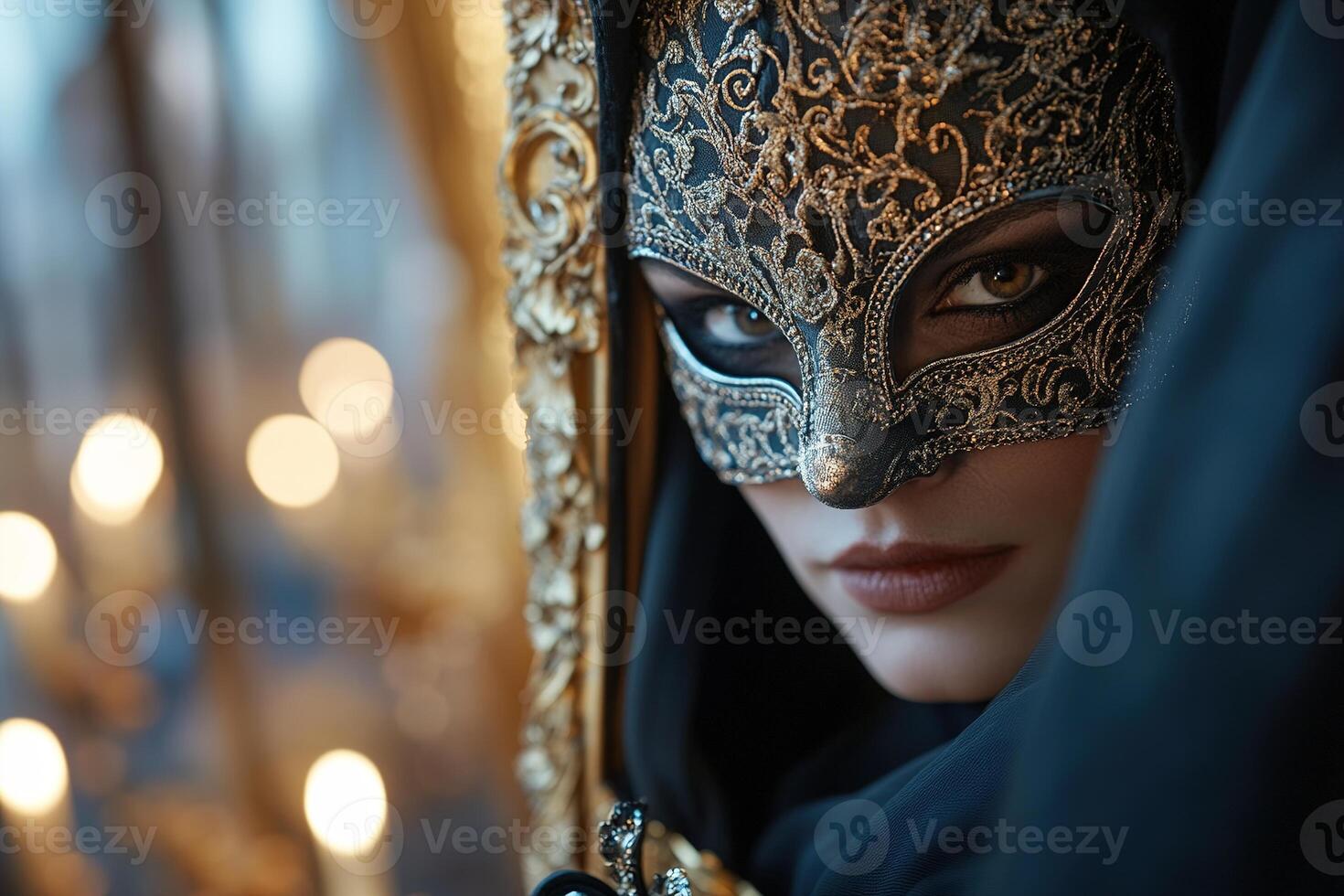 A shadowy figure dressed in a flowing black cloak and intricate Venetian mask slips through an open window, clutching a stolen jewel while flickering candlelight illuminates the ornate surroundings photo