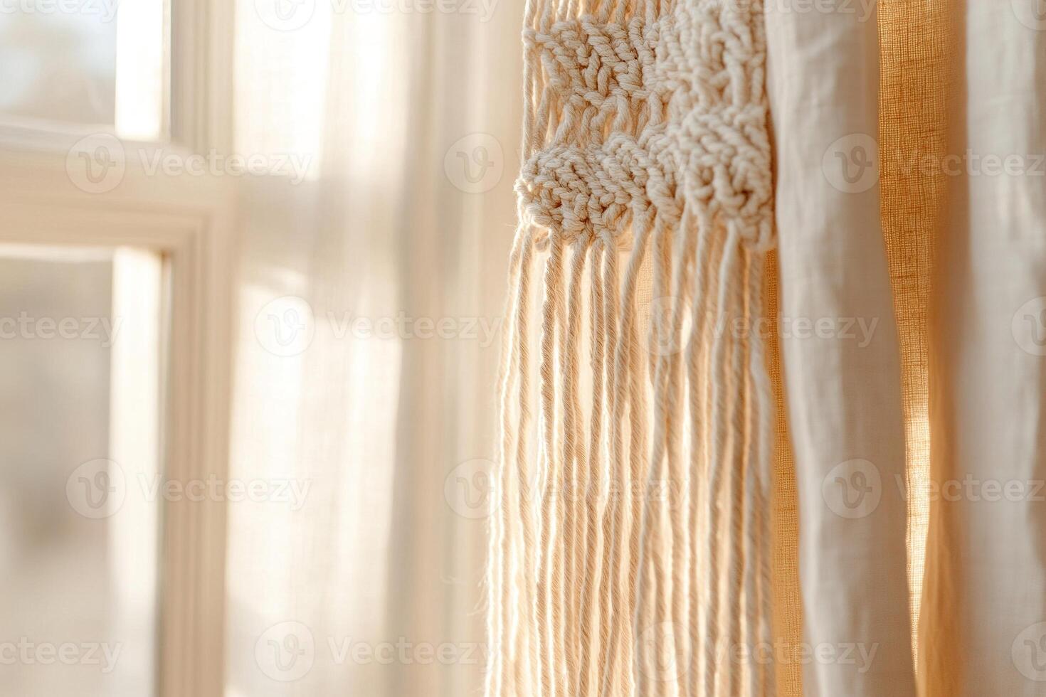 Softly woven macram threads create a dreamy bohemian-style curtain that hangs gently in front of a sunlit window, inviting warmth and comfort into the space photo