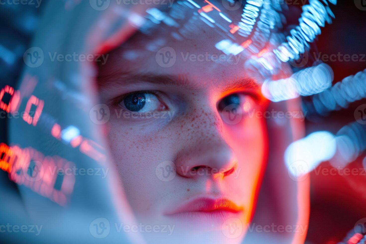 In a dimly lit room, a hacker types rapidly at multiple monitors. The glow illuminates their focused face, while lines of code and security alerts blur in the background photo