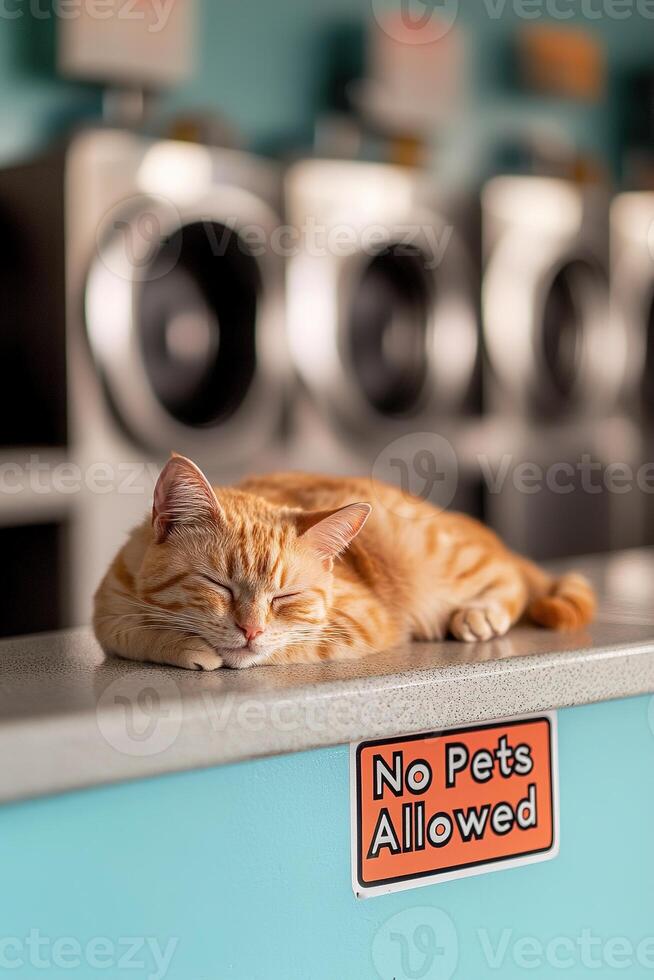 A stray cat relaxes on the counter of a laundromat, listening to the machines as it ignores the small no pets allowed sign. The warm atmosphere adds a quirky touch to this urban moment photo