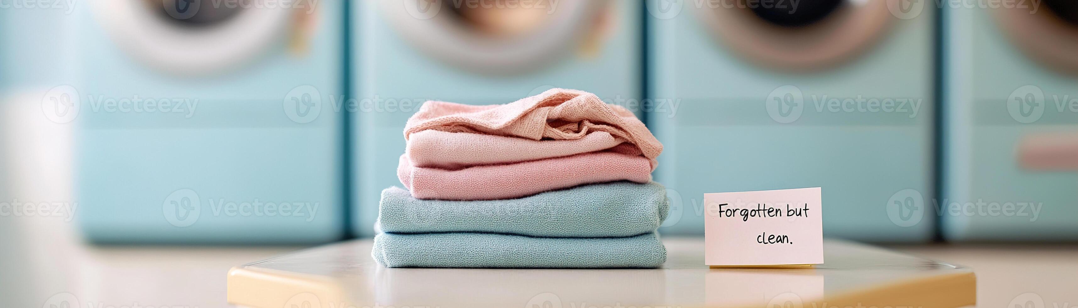 A pile of neatly folded clothes rests on a laundromat table, accompanied by a note that reads forgotten but clean. The soft focus creates an air of mystery in this quiet moment photo
