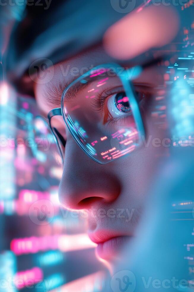 In a dimly lit room, a hacker types rapidly at multiple monitors. The glow of the screens reflects on their face, emphasizing the soft-focus digital code and security alerts surrounding them photo