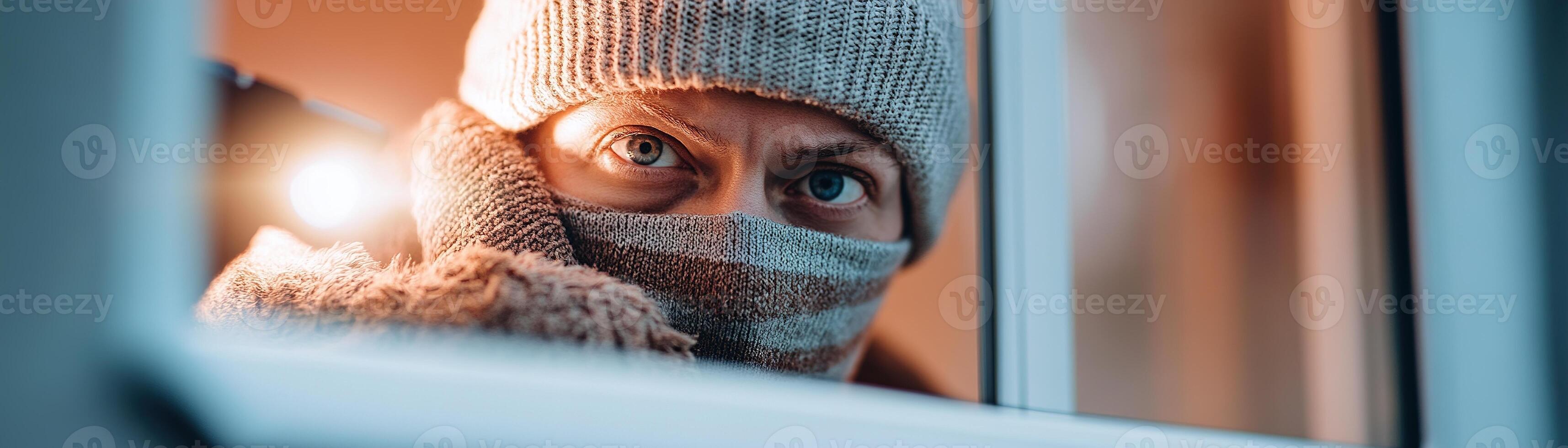 A classic masked burglar in a striped sweater and beanie crawls through an open window holding a flashlight. The quiet suburban backdrop suggests a daring nighttime heist, depicting playful suspense photo