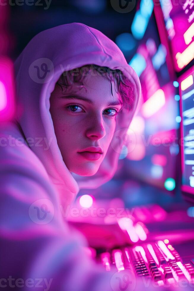 A hacker sits in a dark room, intensely focused on multiple glowing screens, typing swiftly as lines of code and security alerts flicker around them photo