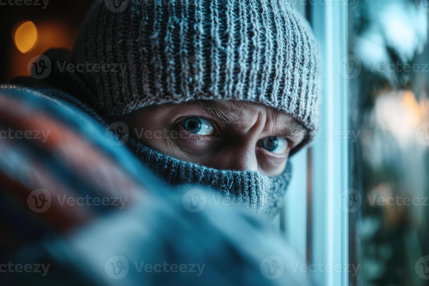 A masked burglar in a striped sweater and beanie sneaks through an open window, illuminated by a flashlight. The background suggests a calm suburban area at night photo
