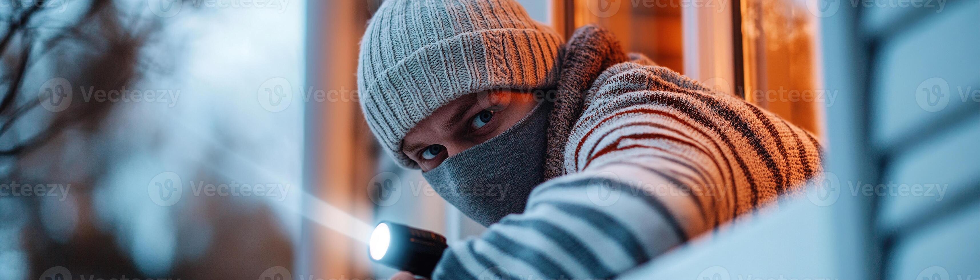 A masked burglar, dressed in a striped sweater and beanie, stealthily climbs through an open window while shining a flashlight in a tranquil suburban setting at dusk photo