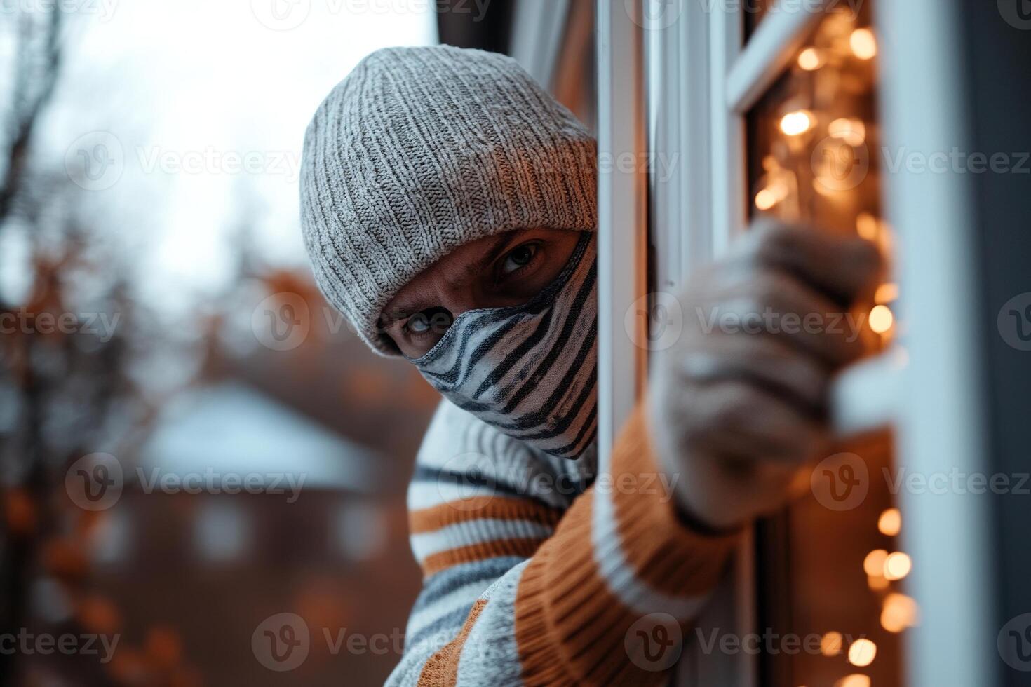 A classic masked burglar wearing a striped sweater and beanie is carefully climbing through an open window. The flashlight brightens the surroundings in a sleepy suburban setting photo