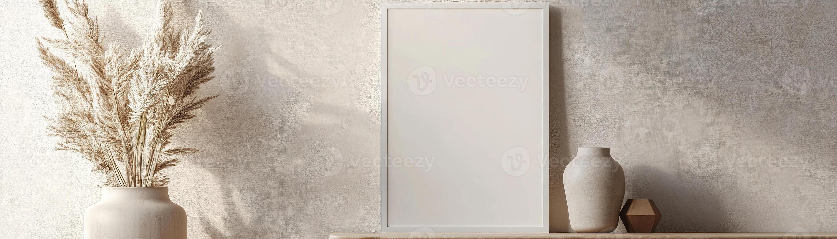 A blank white vertical poster frame hangs on a textured concrete wall in a Scandinavian living room. Soft natural light filters in, enhancing warmth from a wooden side table with a plant photo