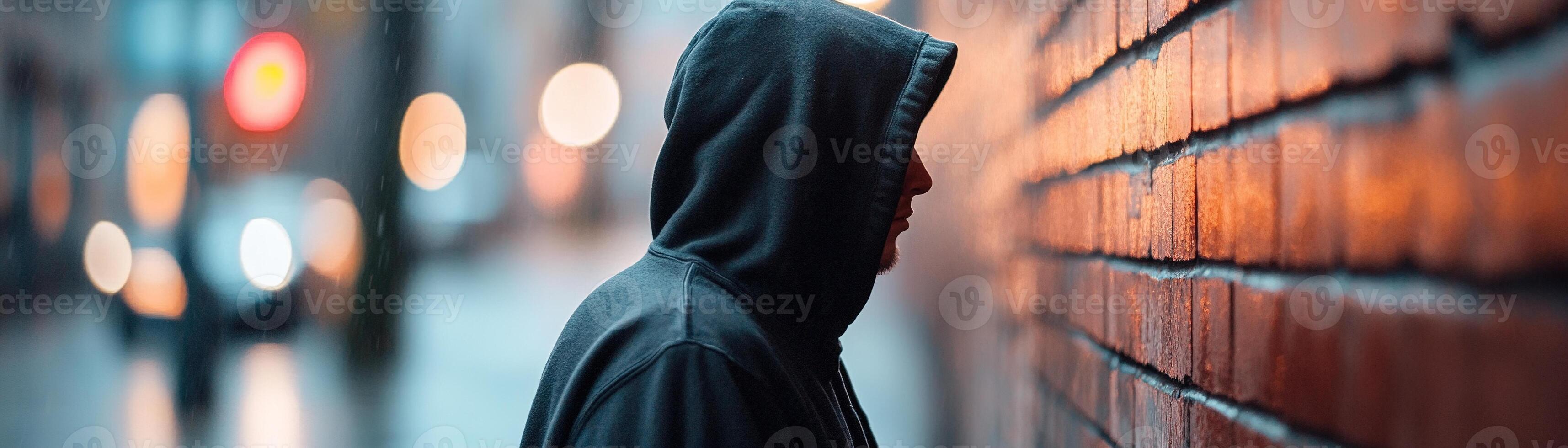 A shadowy figure in a black hoodie stands in the narrow alley, cautiously observing the surroundings. Dim city lights and neon signs reflect off the wet pavement, enhancing the suspenseful atmosphere photo