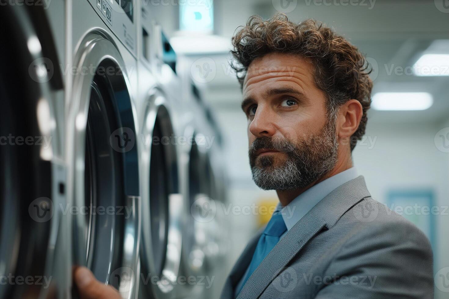 In a laundromat, a businessman dressed in a pressed suit diligently loads a washing machine. The blend of his formal attire with the casual setting highlights contrasting lifestyles photo