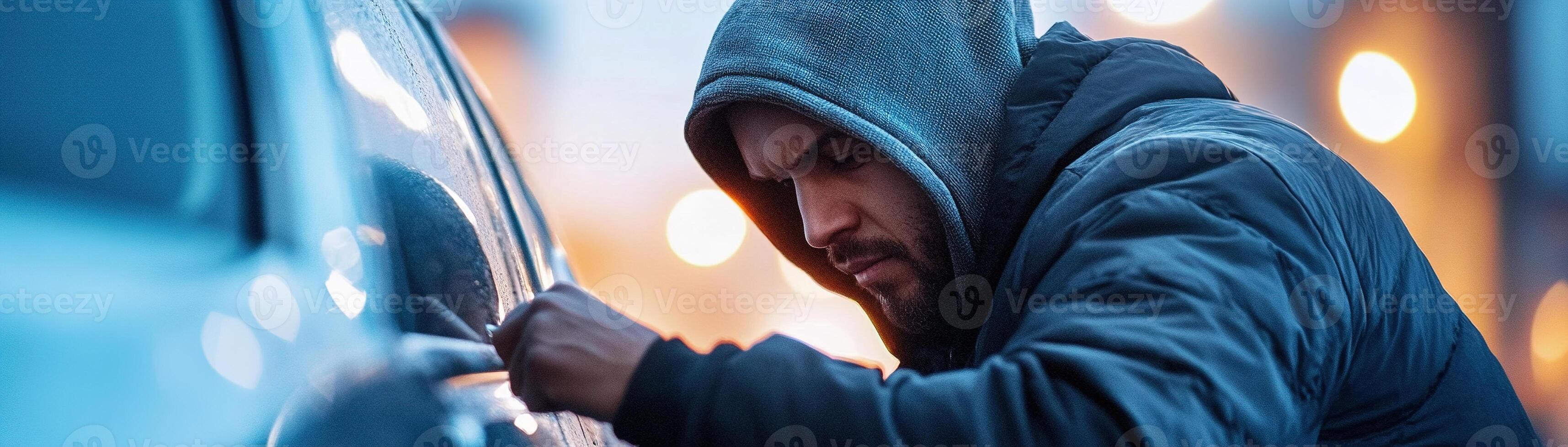 A figure in a dark hoodie is focused on using a lockpick to break into a luxury car. The dimly lit parking lot adds to the tense atmosphere while highlighting the act of theft photo